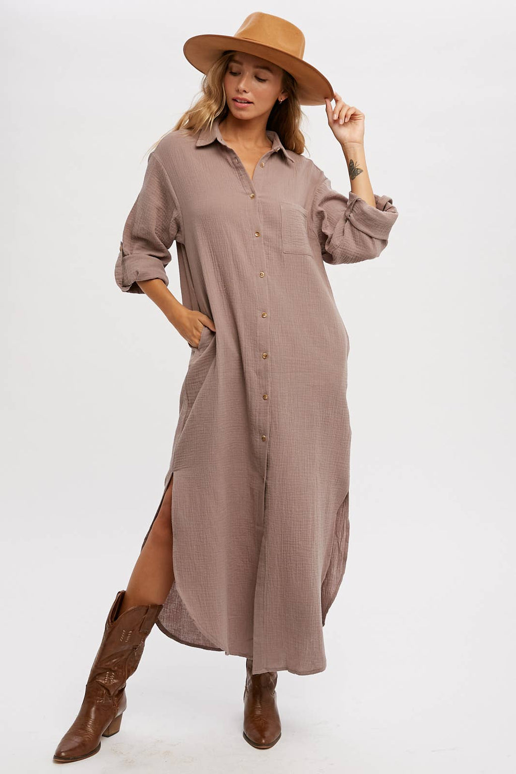 gauze maxi dress with pockets Button Up Cotton Gauze Maxi Dress With Pockets MUSHROOM / Large