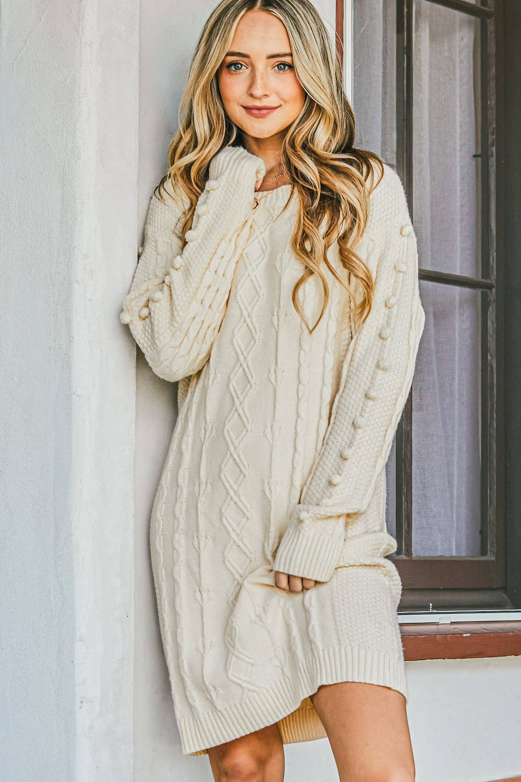 Pompom Detailed Pullover Sweater Dress Ivory / Small/Medium