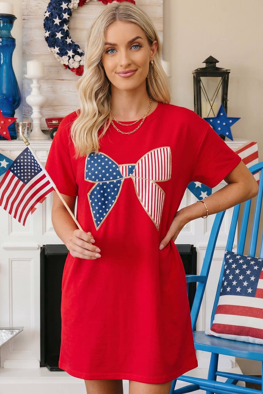 Patriotic Sequins Bow T-Shirt Dress