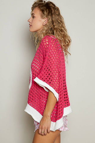 Pol Clothing Oversize V-Neck Short Sleeve Peace Sign Sweater