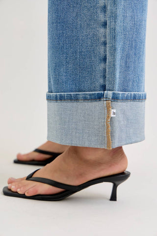 Judy Blue Mid Rise Medium Wash Straight Leg Jeans with Fold Over Waistband