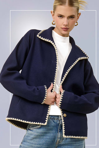 La Miel Convertible Collar Blanket Stitch Felt Jacket