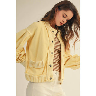 IVE - Washed Vintage Ribbed Knit Trim Cardigan Jacket: OATMEAL / S-M-L-XL(2-2-2-2)