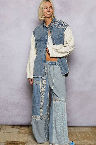 Blue Patchwork Wide-Leg Statement Jeans