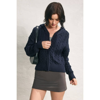 Cable Knit Hooded Zip Up Cardigan