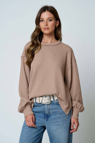 Blu Pepper - TEXTURED EXPOSED SEAM LONG EXTENDED SLEEVE KNIT TOP : KHAKI