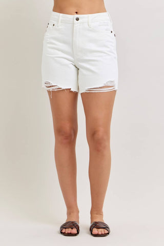 Judy Blue high waist white rigid magic dad shorts with distressed hem and cell phone pocket