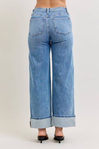 Judy Blue Mid Rise Medium Wash Straight Leg Jeans with Fold Over Waistband