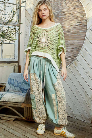 Pol Clothing - Round neck sleeveless floral thin sweater top SALE: BLACK/BEIGE / L