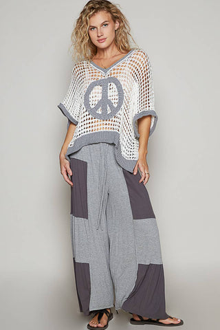 Pol Clothing Oversize V-Neck Short Sleeve Peace Sign Sweater