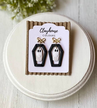Clayhouse Colours - Ghost Halloween Earrings : Ghost with coffin frame