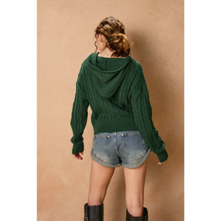 Cable Knit Hooded Zip Up Cardigan