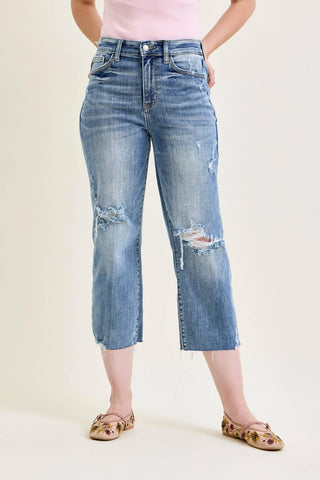Judy Blue high waist destroy crop wide leg jeans light wash distressed denim