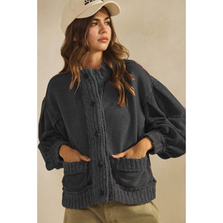 IVE - Washed Vintage Ribbed Knit Trim Cardigan Jacket: OATMEAL / S-M-L-XL(2-2-2-2)