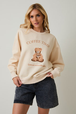 Crew Neck 'Coffee Time' Graphic Sweatshirt - Cream