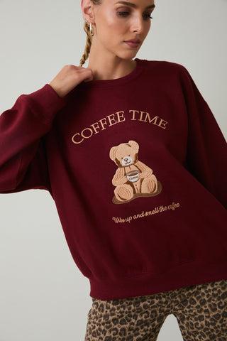 Crew Neck 'Coffee Time' Graphic Sweatshirt - Burgundy