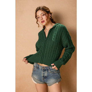 Cable Knit Hooded Zip Up Cardigan