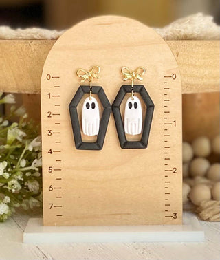 Clayhouse Colours - Ghost Halloween Earrings : Ghost with coffin frame