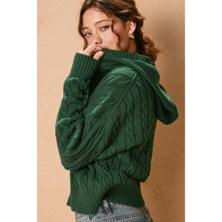 Cable Knit Hooded Zip Up Cardigan