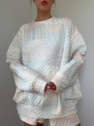Blue Cottagecore Patchwork Quilted Crewneck Sweatshirt