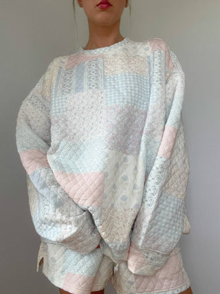 Blue Cottagecore Patchwork Quilted Crewneck Sweatshirt