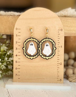 Clayhouse Colours - Ghost Halloween Earrings : Ghost with gold frame