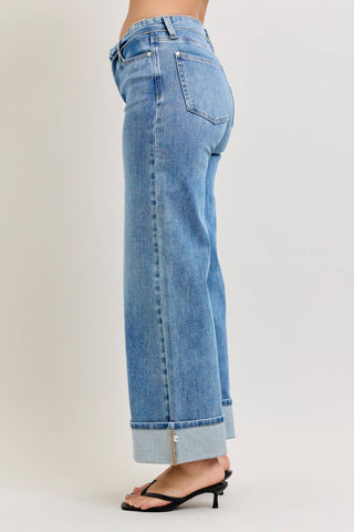 Judy Blue Mid Rise Medium Wash Straight Leg Jeans with Fold Over Waistband