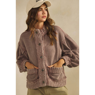 IVE - Washed Vintage Ribbed Knit Trim Cardigan Jacket: OATMEAL / S-M-L-XL(2-2-2-2)