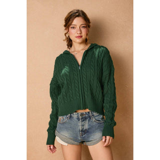 Cable Knit Hooded Zip Up Cardigan