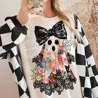 Patchwork Ghost & Bow Graphic T-Shirt – Vintage Spooky Season Tee