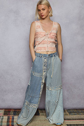 Blue Patchwork Wide-Leg Statement Jeans