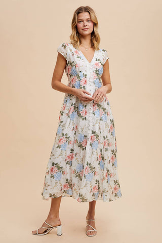 In Loom Floral Lace Trim Button Down Dress
