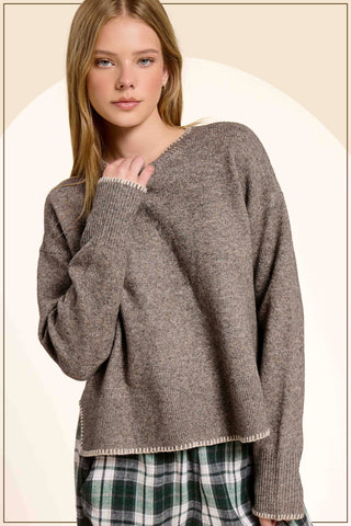 La Miel Contrast Stitch Crew Mock Neck Sweater