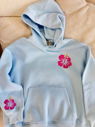 Sunkissed Coconut Icy Blue Hibiscus Flower Beach Babe Embroider Hoodie