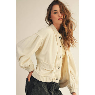 IVE - Washed Vintage Ribbed Knit Trim Cardigan Jacket: MOCHA MUSSE / S-M-L-XL(2-2-2-2)
