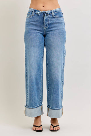 Judy Blue mid rise medium wash straight leg jeans with fold over waistband detail