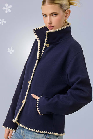 La Miel Convertible Collar Blanket Stitch Felt Jacket
