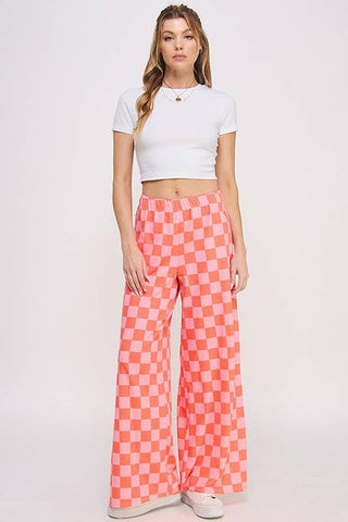 High Waist Checkered Straight Leg Knit Pants