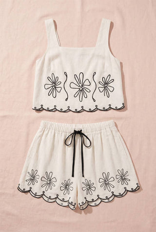 Midnight Bloom Embroidered Scallop Hem Tank