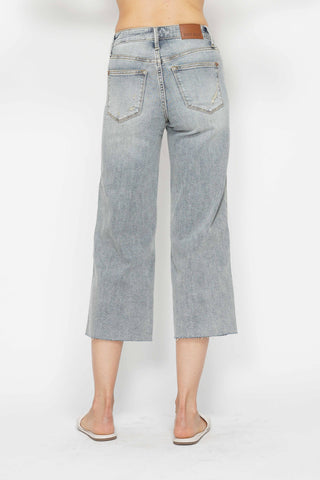 Judy Blue Mid Rise Light Wash Tummy Control Raw Hem Crop Wide Leg Jeans