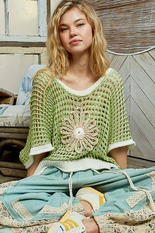 Pol Clothing - Round neck sleeveless floral thin sweater top SALE: BLACK/BEIGE / L