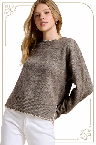 La Miel Contrast Stitch Crew Mock Neck Sweater