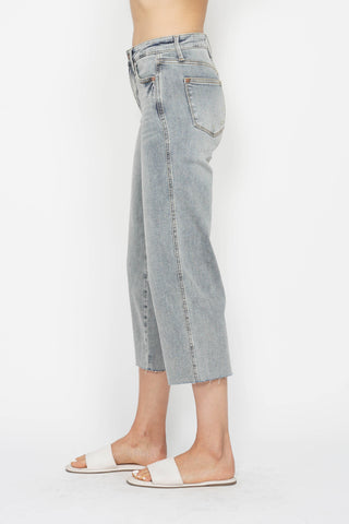 Judy Blue Mid Rise Light Wash Tummy Control Raw Hem Crop Wide Leg Jeans