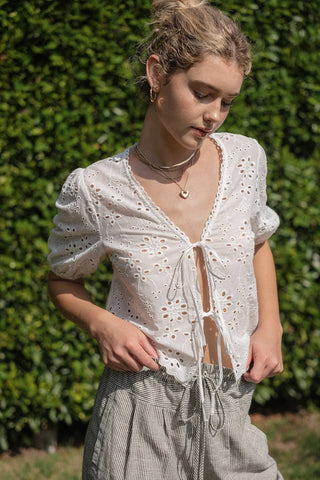Off-White Eyelet Tie Front Top