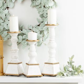 Antique White Wooden Candle Pillar Set