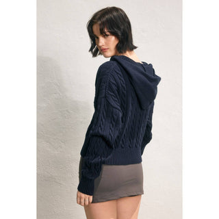 Cable Knit Hooded Zip Up Cardigan