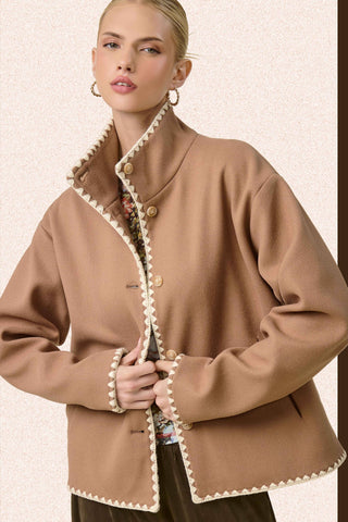 La Miel Convertible Collar Blanket Stitch Felt Jacket