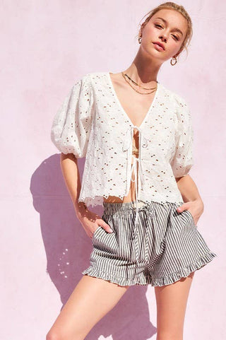 Coastal Stripe Ruffle Hem Drawstring Shorts