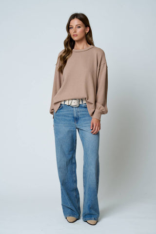 Blu Pepper - TEXTURED EXPOSED SEAM LONG EXTENDED SLEEVE KNIT TOP : KHAKI
