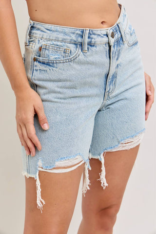 Judy Blue HW Rigid Magic Dad Shorts – Light Wash Distressed